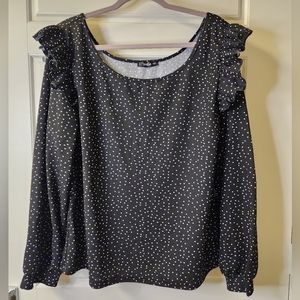 SHEIN Curve 4XL Black White Dotted Ruffle Long Sleeve‎ Top